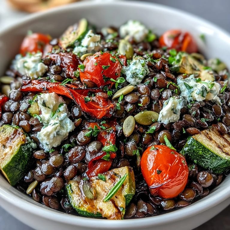 Colorful Black Lentil Salad topped with toasted seeds and feta, presented on a rustic wooden board with lemon wedges nearby.