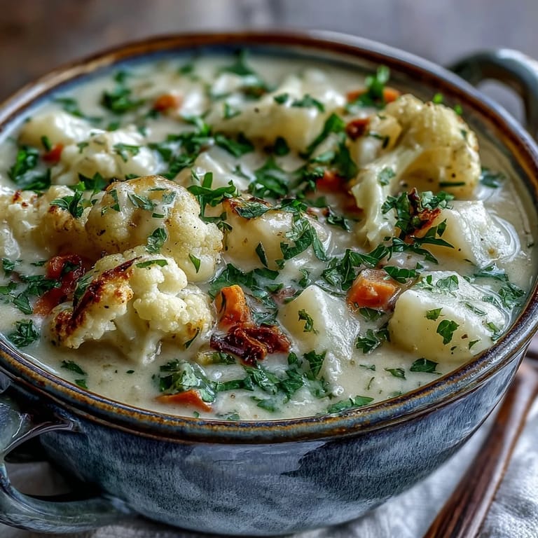 Vegetarian cauliflower chowder in a white bowl topped with melted cheese and parsley, perfect for cozy meals.