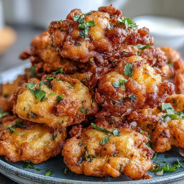 A close-up shows crispy Cauliflower Bhajis with a side of mint yogurt dip for dipping.