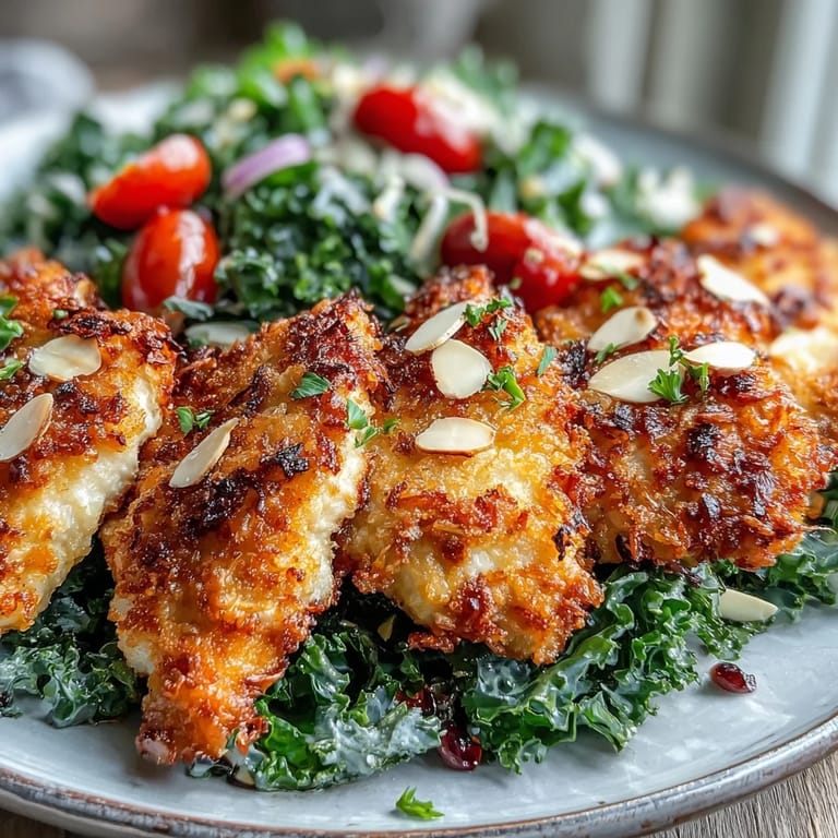 Sliced, juicy almond-crusted chicken with a fresh kale sumac salad topped with toasted almonds and cherry tomatoes.