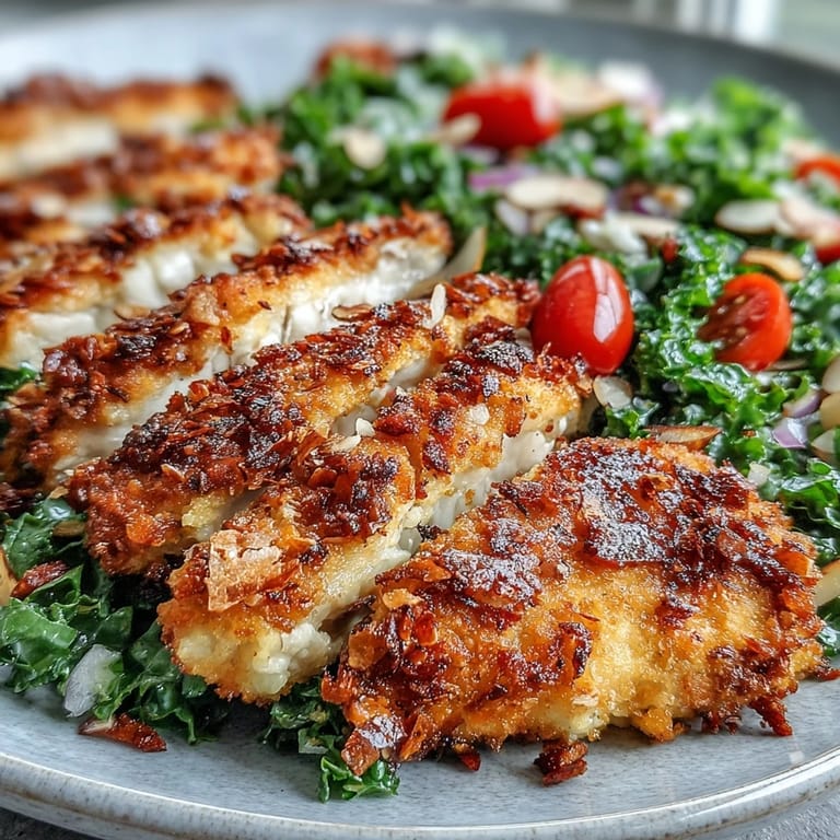 Gluten-free almond-crusted chicken served with bright lemon-kale salad and red onions, plated for a wholesome meal.