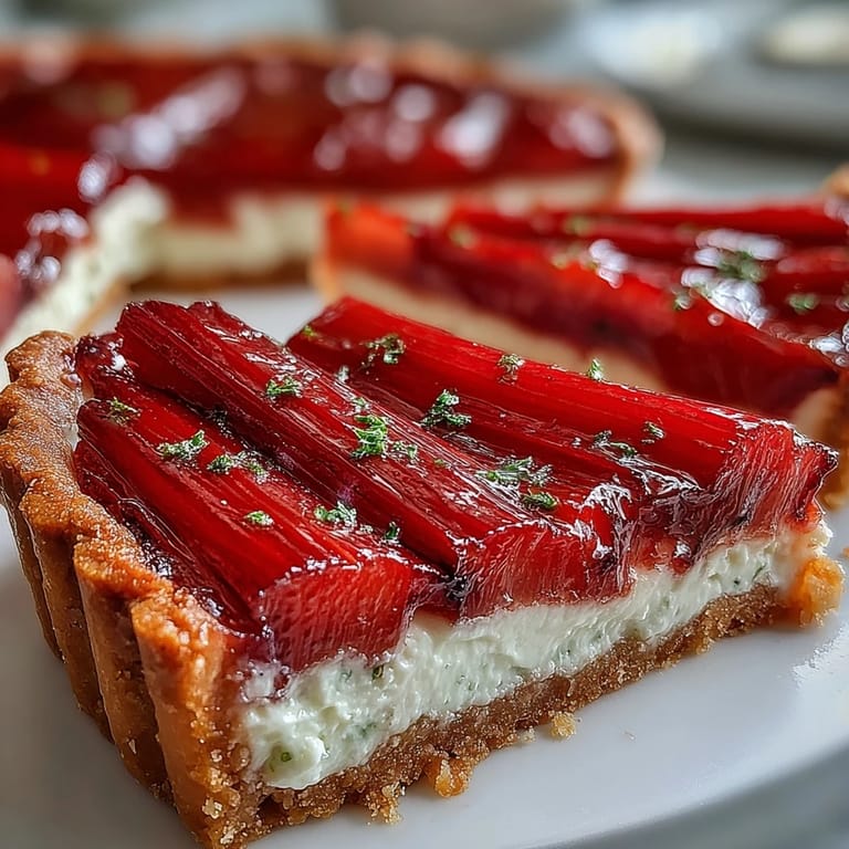 Top-down view of a beautiful Rhubarb, White Chocolate, and Elderflower Tart garnished with chopped pistachios on a marble surface.