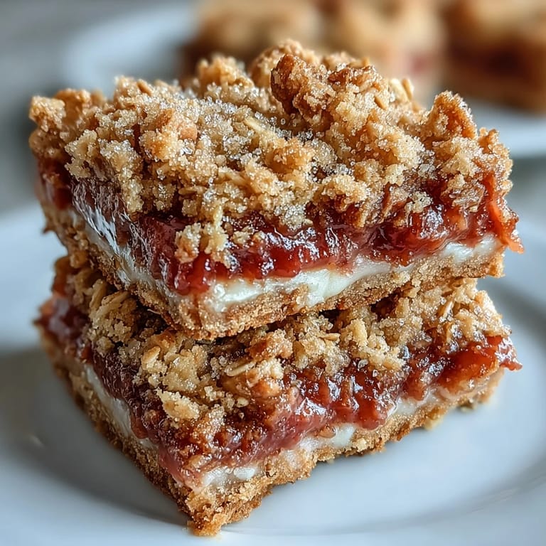 A close-up of Rhubarb and Custard Crumble Bars showing creamy vanilla custard and a rustic crumble texture.