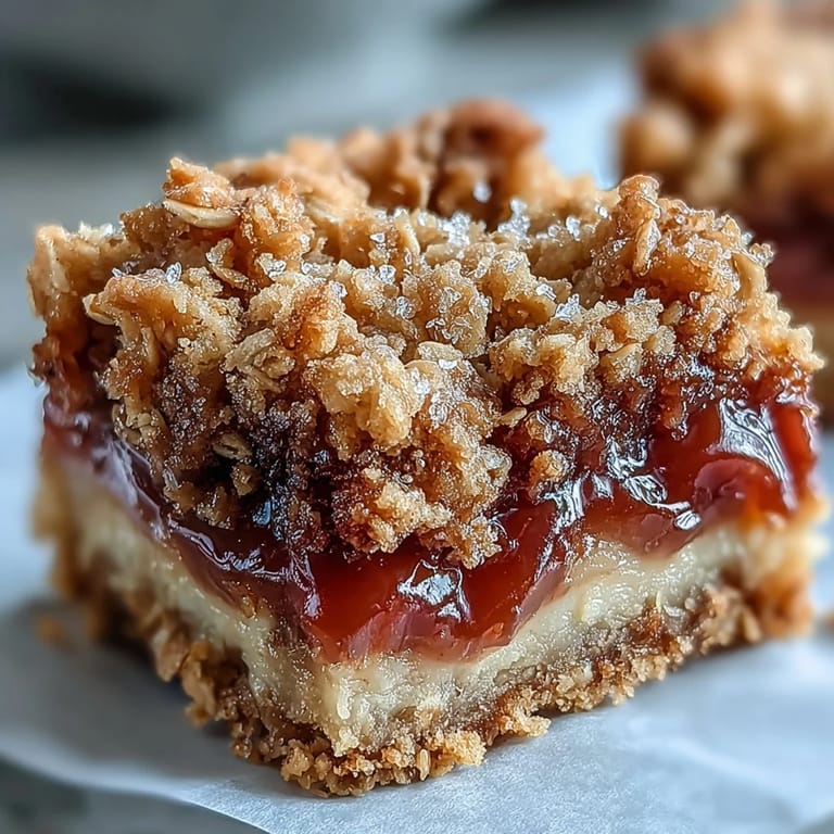 Sliced Rhubarb and Custard Crumble Bars on a white plate, ready to serve with tea.