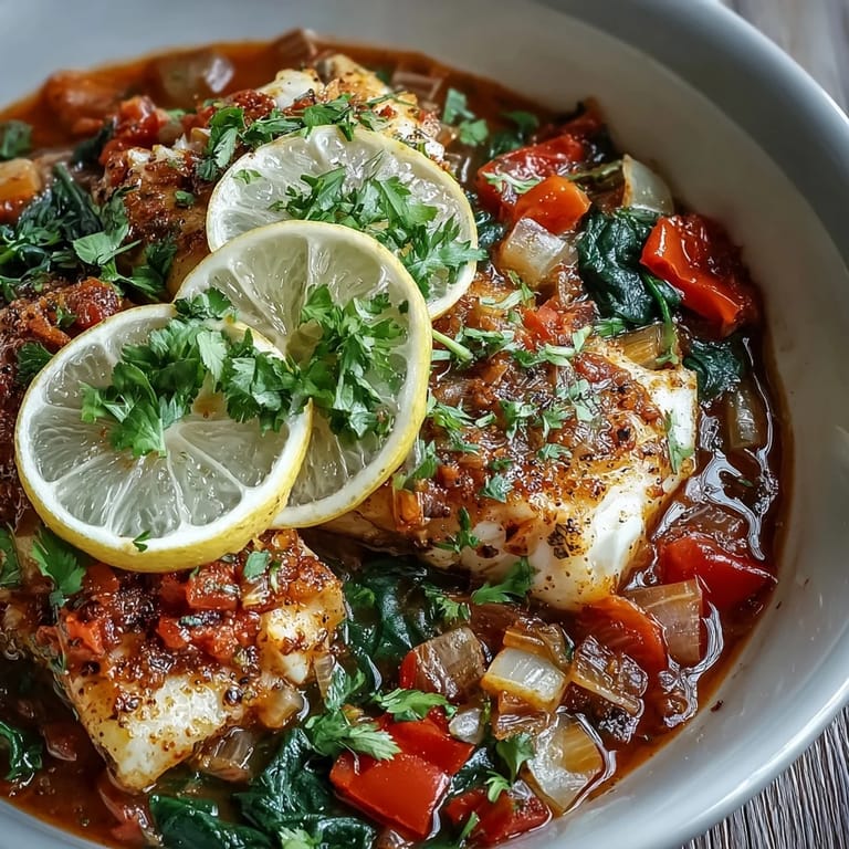 In a skillet, Spiced Cod One Pot simmers with bell peppers and spinach, ready to serve over rice.