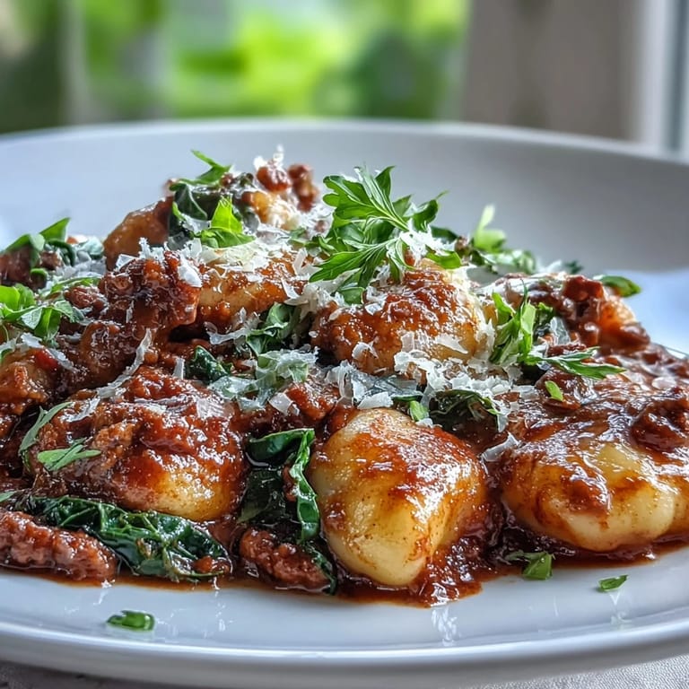 Overhead view of Sausage Gnocchi with Kale served in a rustic bowl, topped with freshly grated Parmesan and a side of crusty bread.