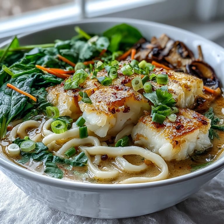 Tender pieces of Poached Cod with Spiced Coconut Broth and Udon Noodles rest on noodles, with julienned carrots and spinach visible.