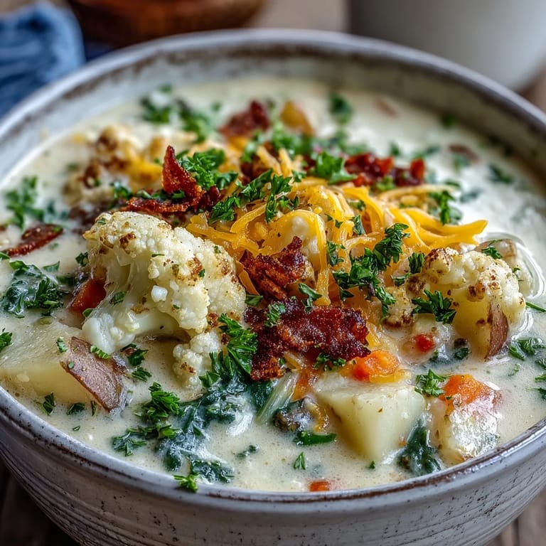 Thick, steaming bowl of vegetarian cauliflower chowder served with crusty bread.