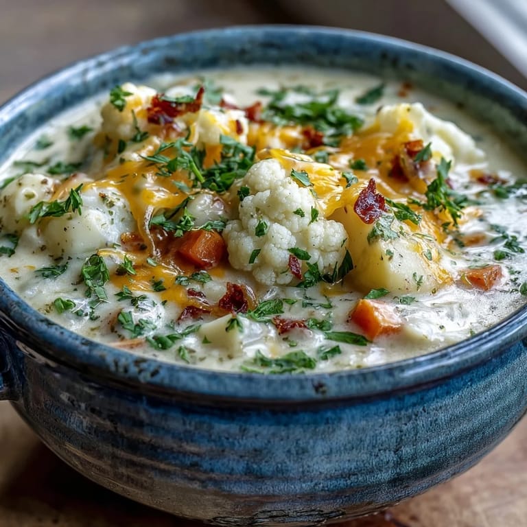 Hearty vegetarian cauliflower chowder topped with melted cheddar and paprika.