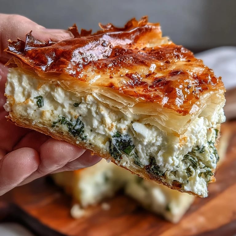 Freshly baked Feta and Kale Börek tart with a crisp crust, served warm with a side salad on a rustic table.