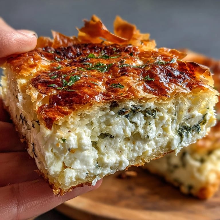 Steaming slice of savory Turkish-inspired Feta and Kale Börek on a plate, highlighting creamy feta and herbs.