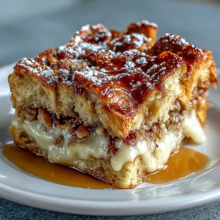 Freshly baked Monte Cristo Breakfast Casserole served warm with berries on a brunch plate.