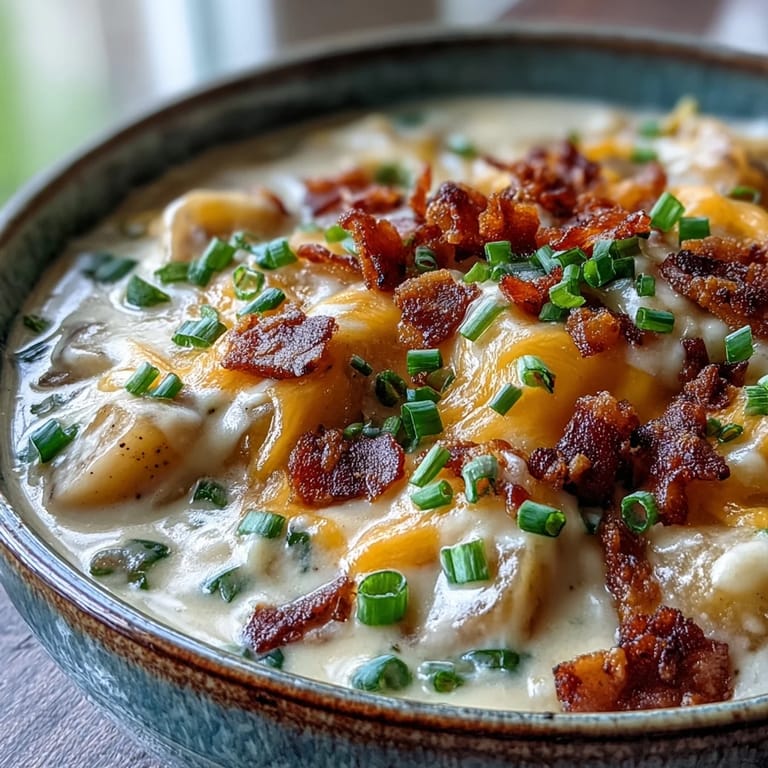 A ladle serves a rich, velvety Loaded Potato Soup, packed with tender potatoes and topped with bacon and cheddar.