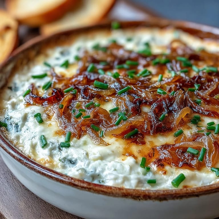 Warm smoked Gouda and onion dip scoops easily with a tortilla chip, paired with crisp veggies for a party.