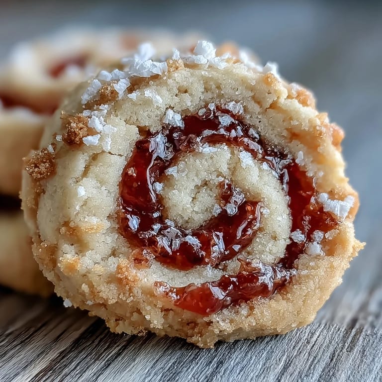 Close-up of a halved Raspberry Swirl Shortbread Cookie revealing its jam-filled center.