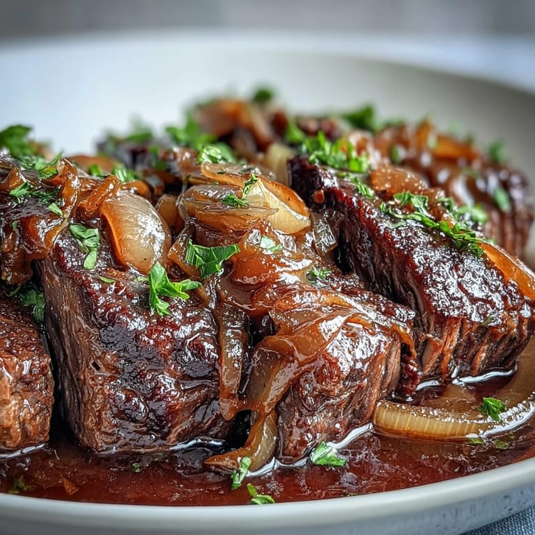 Serve this Savory Crock Pot French Onion Pot Roast over mashed potatoes, surrounded by crusty bread for a cozy dinner.