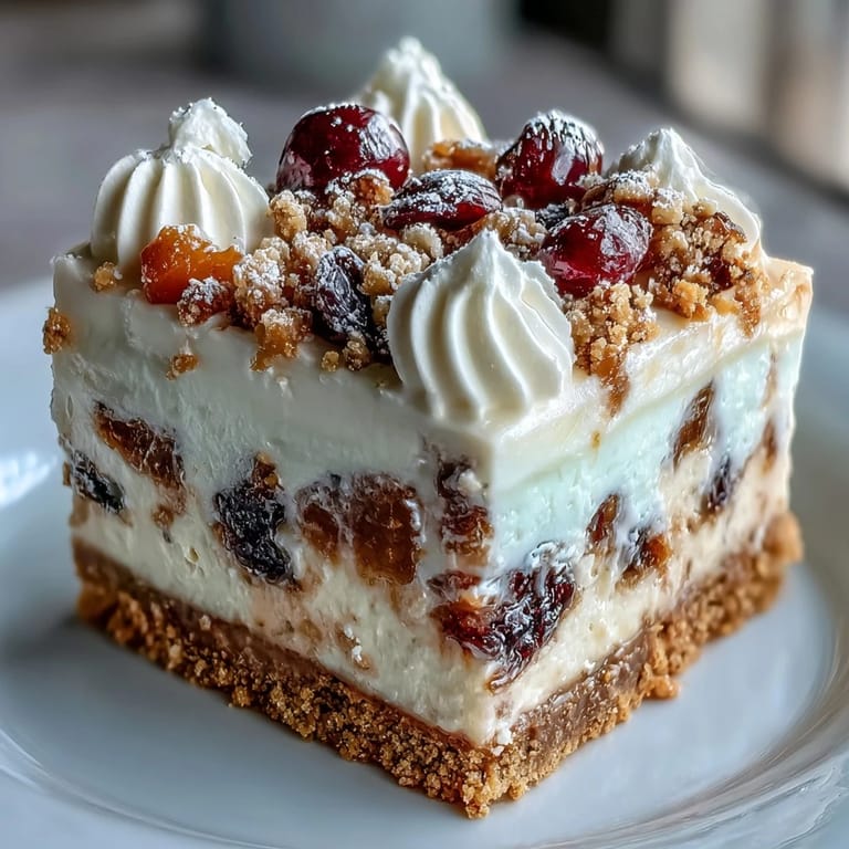 A slice of Christmas Cheesecake Slab reveals creamy, spiced filling with dried fruit on a crunchy biscuit crust.