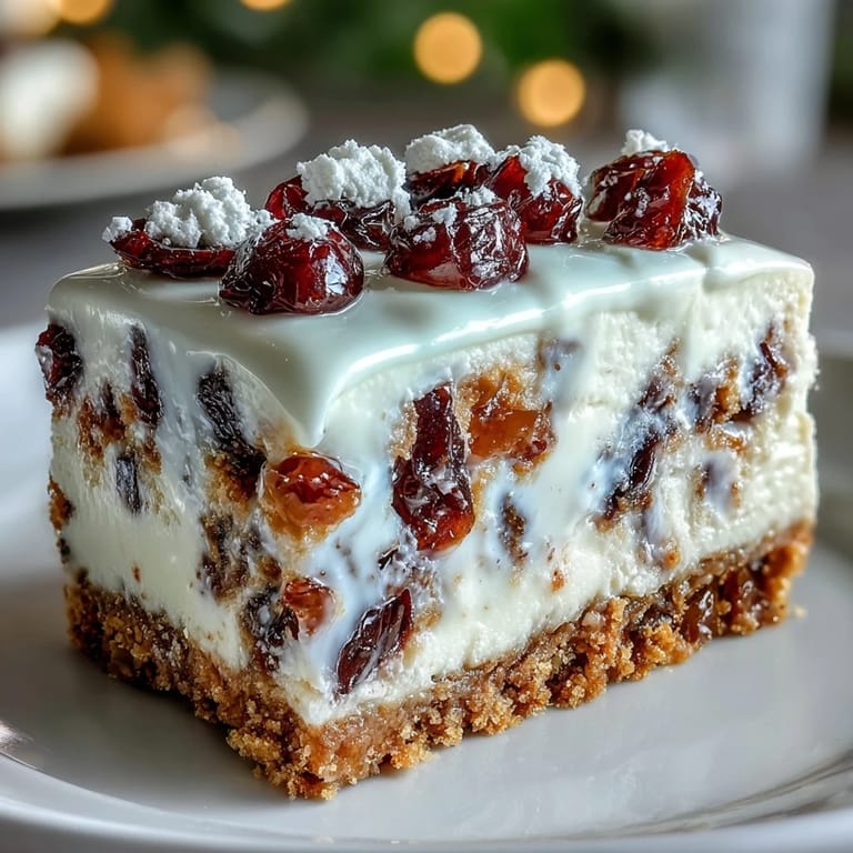 Golden Christmas Cheesecake Slab baked in a rectangular pan, dusted with powdered sugar for a festive finish.