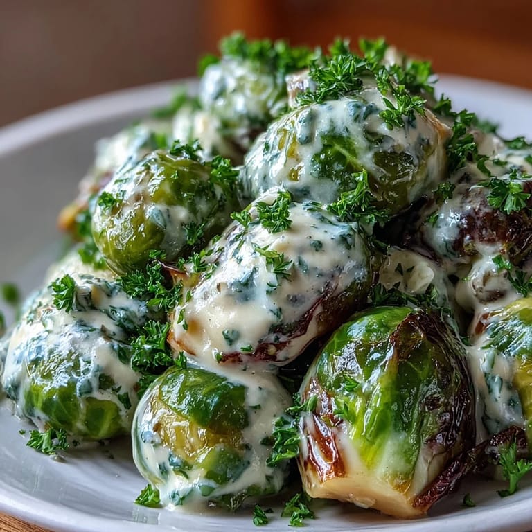 Crisp Brussels sprouts tossed with onions and garlic in creamy sauce, ideal for pairing with roasted meats.