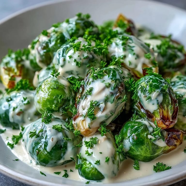 Tender Brussels sprouts in rich cream cheese mustard sauce, perfect for a cozy weeknight vegetarian dinner side.