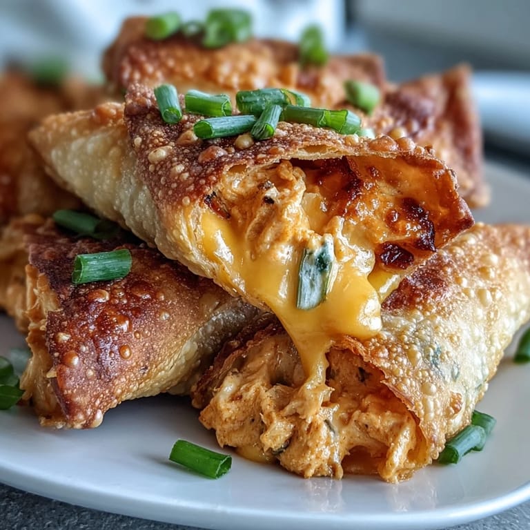Cheesy Buffalo Chicken Dip Egg Rolls on a platter with green onions and melty cheddar, ready to serve.