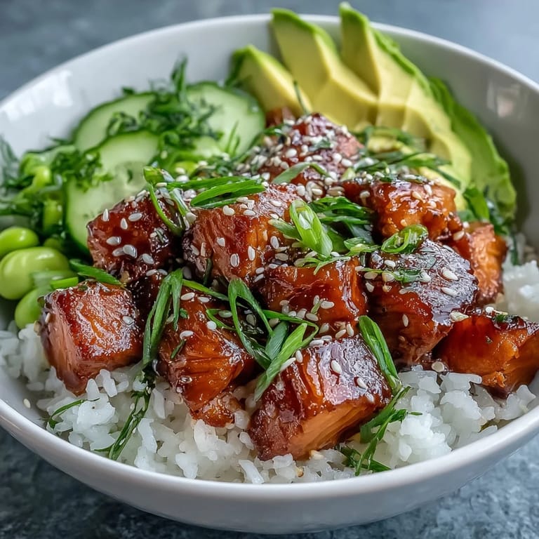 Colorful toppings like edamame, cucumber, and spicy sriracha mayo make this Salmon Rice Bowl a fresh, nutritious, and easy weeknight dinner.