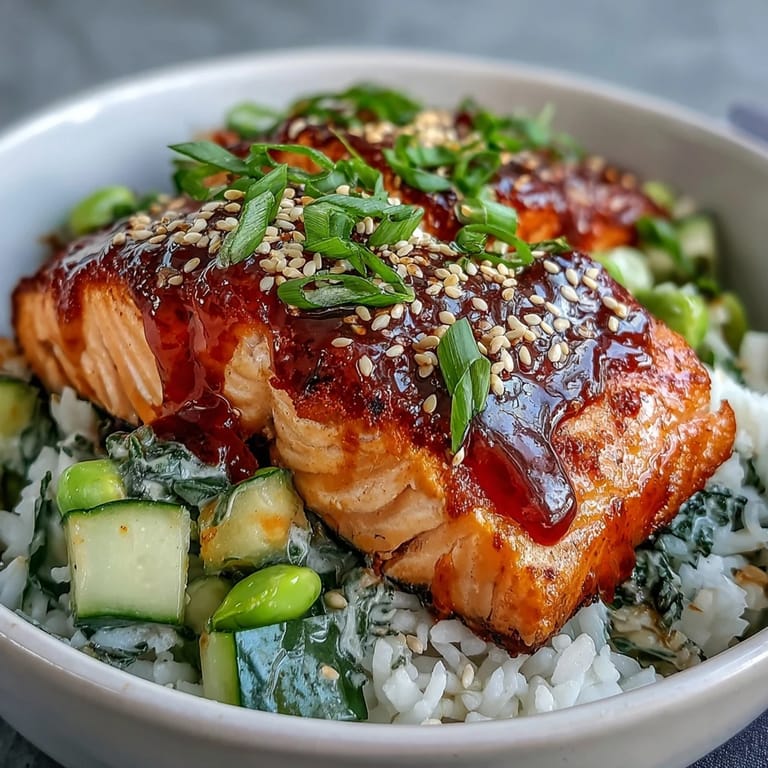 A close-up of a vibrant Bang Bang Salmon Bowl garnished with sesame seeds and fresh lime wedges.