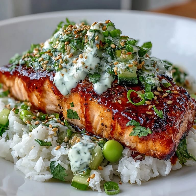 Colorful Bang Bang Salmon Bowl with tender salmon fillet, rice, and a zesty cucumber-edamame salsa.