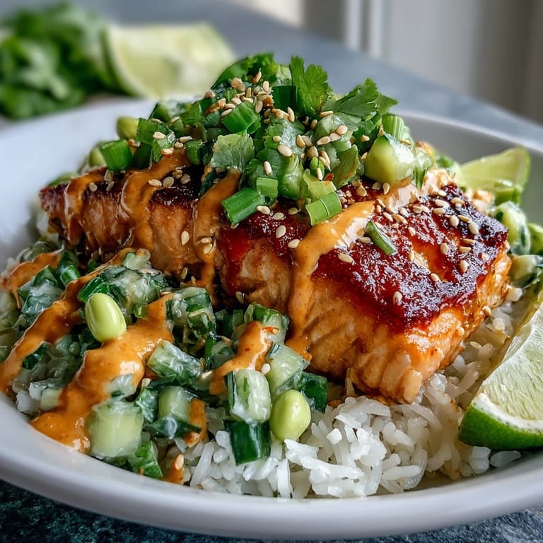The Bang Bang Salmon Bowl is drizzled with creamy, spicy sauce and finished with sesame seeds.