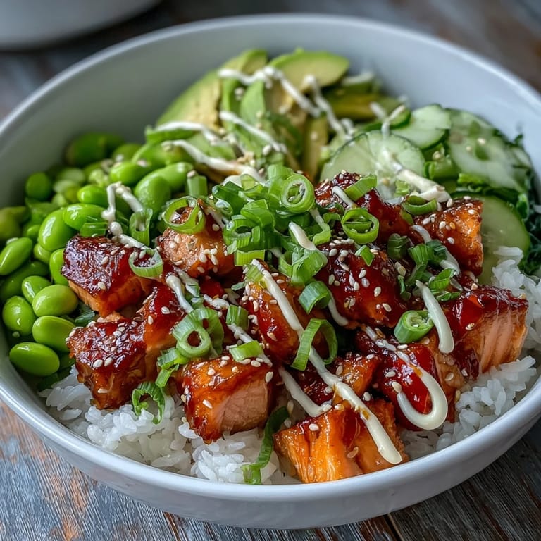 Freshly baked Salmon Rice Bowl with marinated salmon cubes, edamame, cucumbers, and green onions atop fluffy jasmine rice.