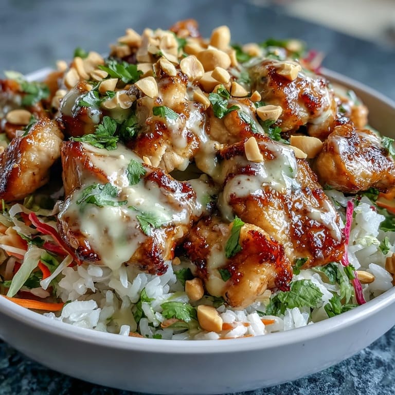A close-up of a wholesome Peanut Chicken Protein Bowl highlights fresh cilantro, chopped peanuts, and lime wedges ready for a zesty squeeze.