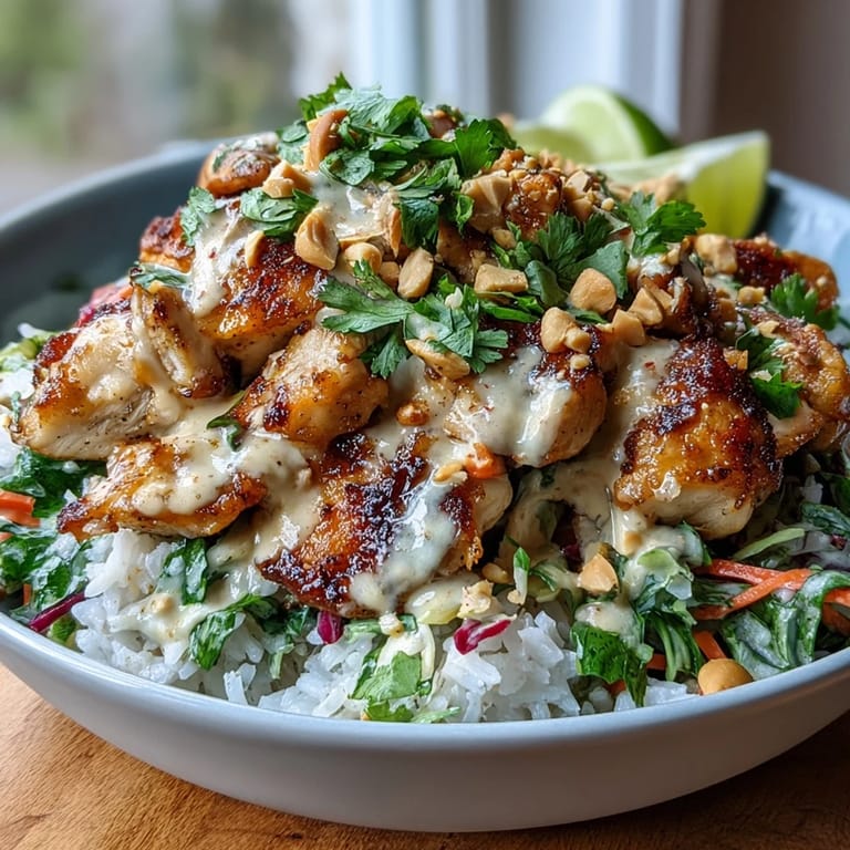 Serving suggestion for a Peanut Chicken Protein Bowl, featuring golden chicken and colorful veggies perfect for meal prep.