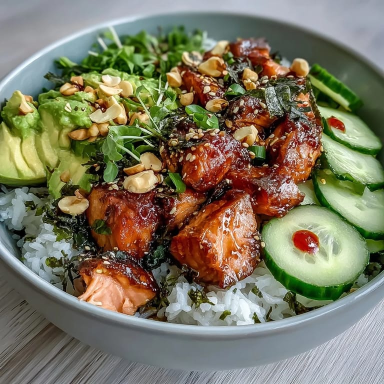 Seared salmon cubes, creamy avocado, and crisp cucumbers over sushi rice in this easy Avocado Salmon Bowl, garnished with chili oil and sesame seeds.