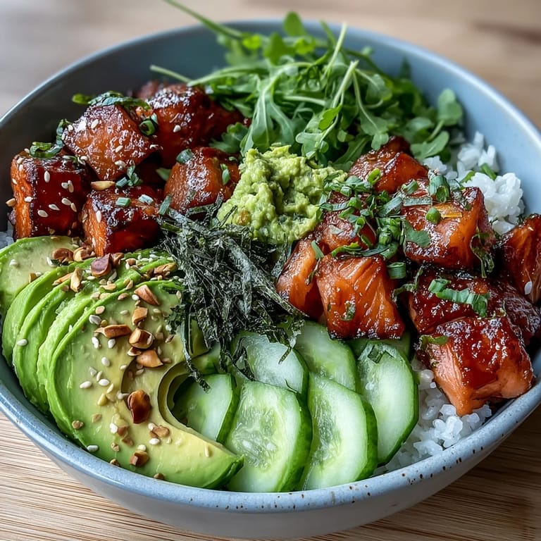Avocado Salmon Bowl topped with avocado, salmon, nori, and spring onions, with lime wedges on the side for a fresh, spicy finish.