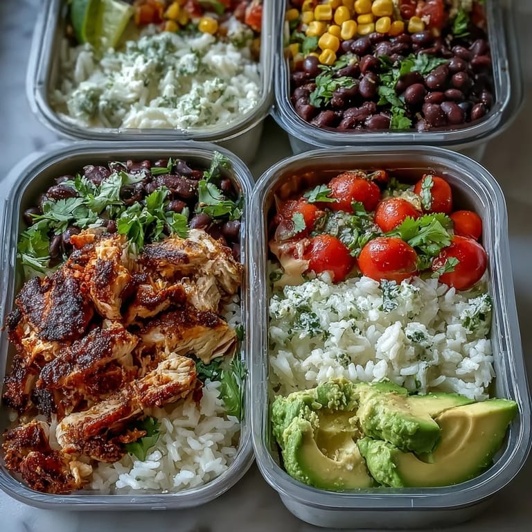 Mexican-inspired burrito bowl base with rice, ground turkey, corn, and avocado slices, perfect for quick and healthy lunches.