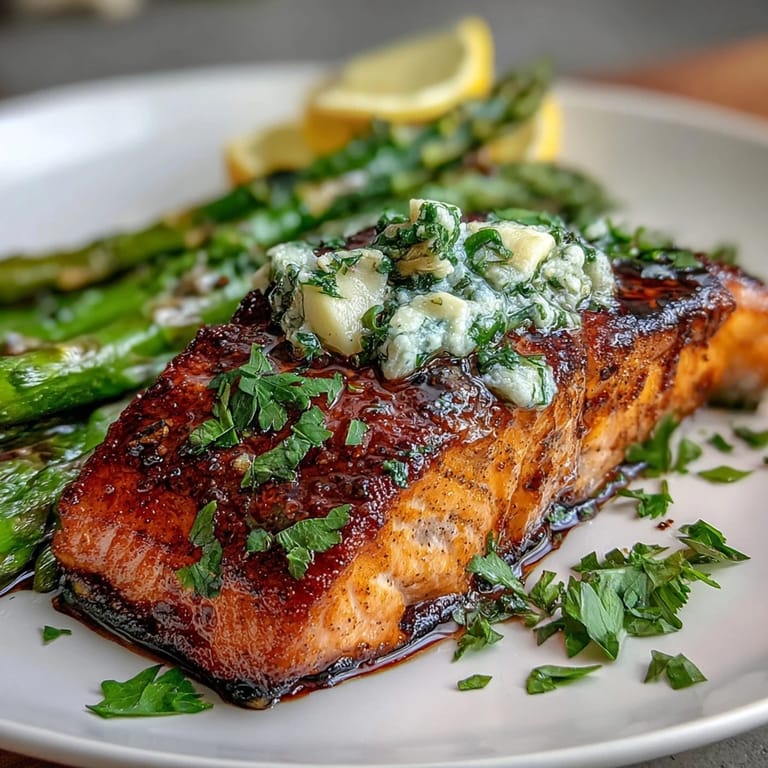 Tender salmon and crisp asparagus drizzled in rich garlic butter, lemon slices adding brightness to this elegant spring dinner centerpiece.