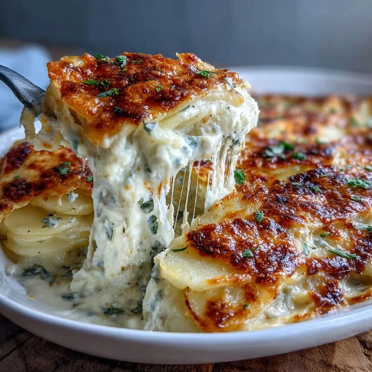 Cheesy Creamy Au Gratin Potatoes: classic French side dish featuring layers of potatoes in nutmeg-spiced cream with golden cheese crust.