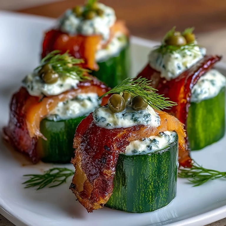 Cucumber Bites with Cream Cheese and Smoked Salmon, arranged on a white platter with dill sprigs and capers.