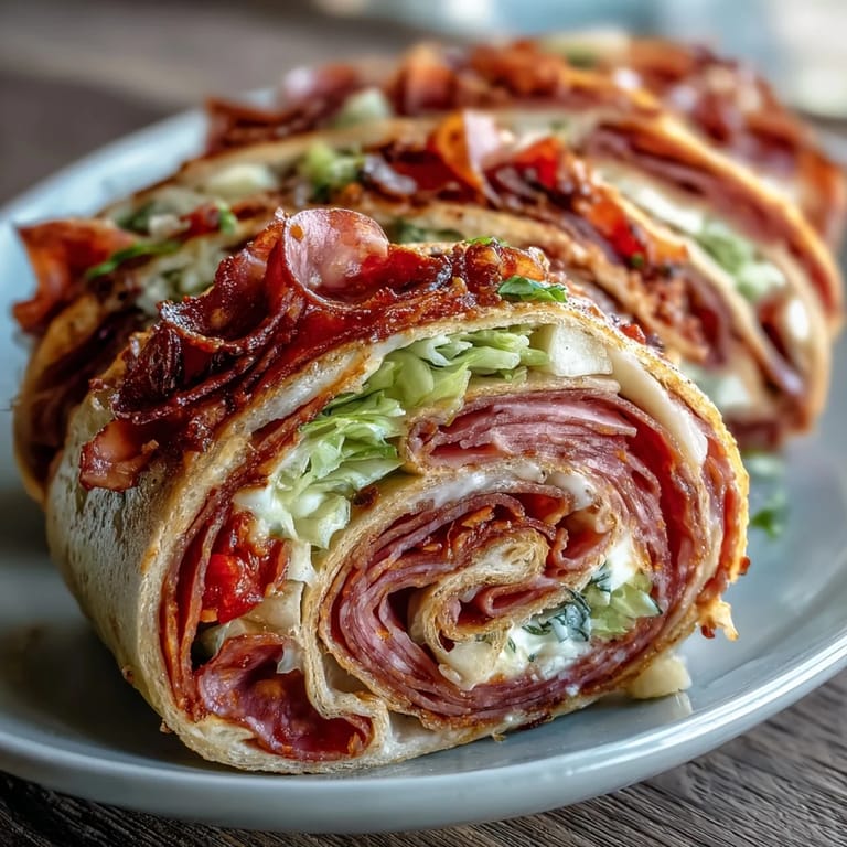 A platter of Italian Sub Pinwheel Wraps with vibrant red peppers and lettuce peeking through the tortilla spirals.