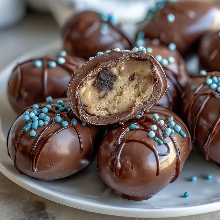 Creamy peanut butter and powdered sugar eggs dipped in melted chocolate, a classic homemade Easter treat.