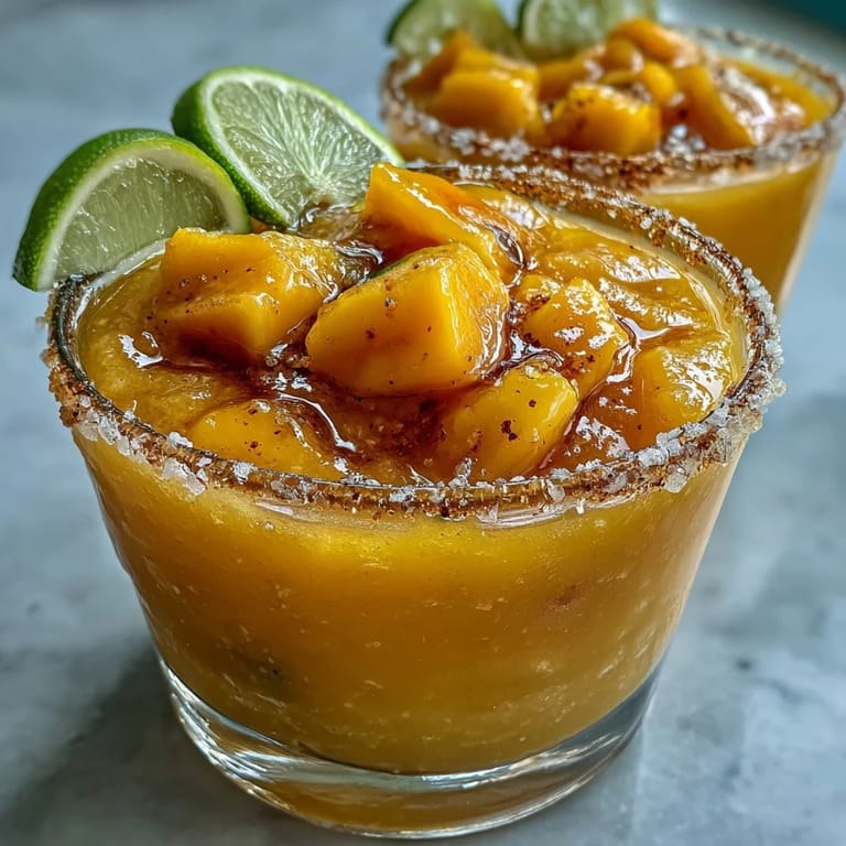 Refreshing non-alcoholic frozen mango margarita mocktail, blended with citrus and ice for a slushy summer treat.