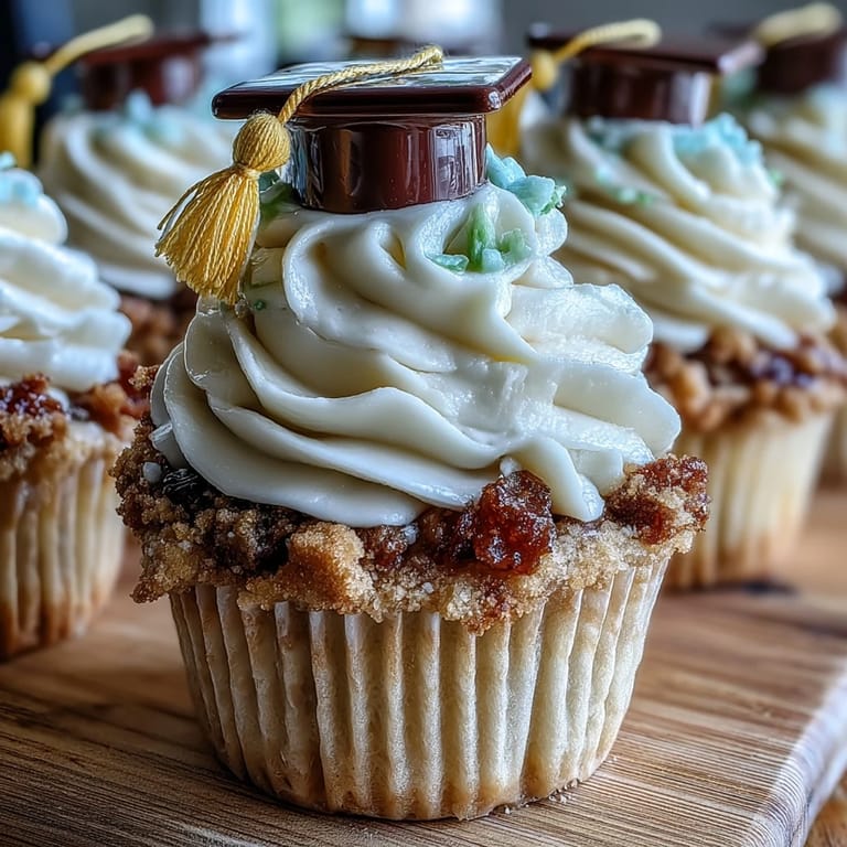 Moist vanilla cupcakes with buttercream frosting and fondant graduation caps, a festive treat for graduation parties and academic celebrations.