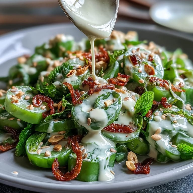 Crisp snap pea and radish salad with fresh mint and tahini dressing.