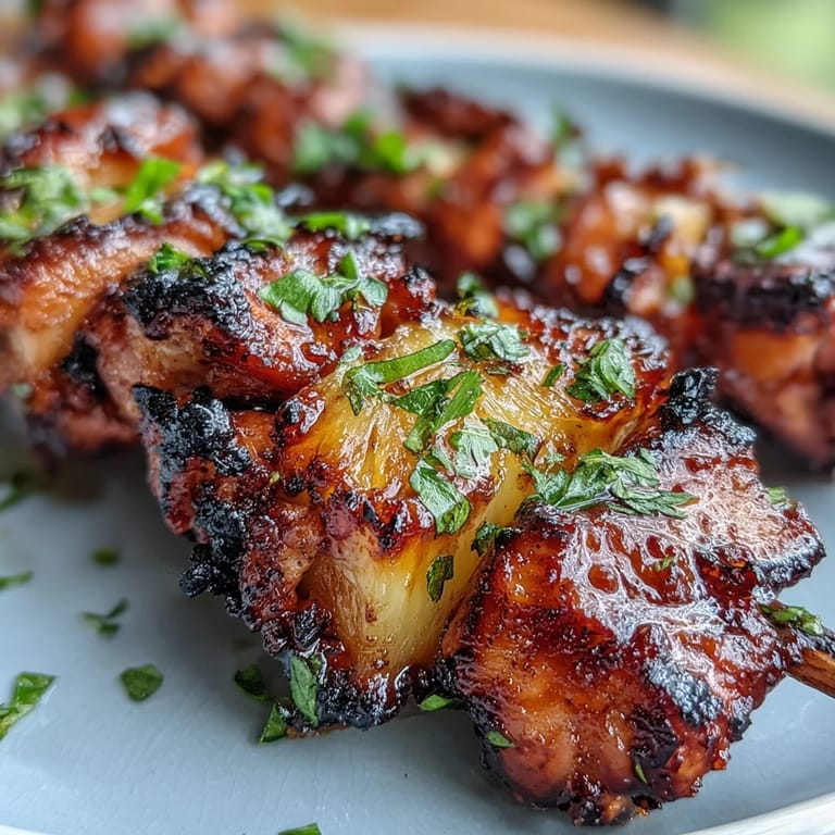 Smoky al pastor chicken and pineapple skewers, perfect with cilantro and lime.