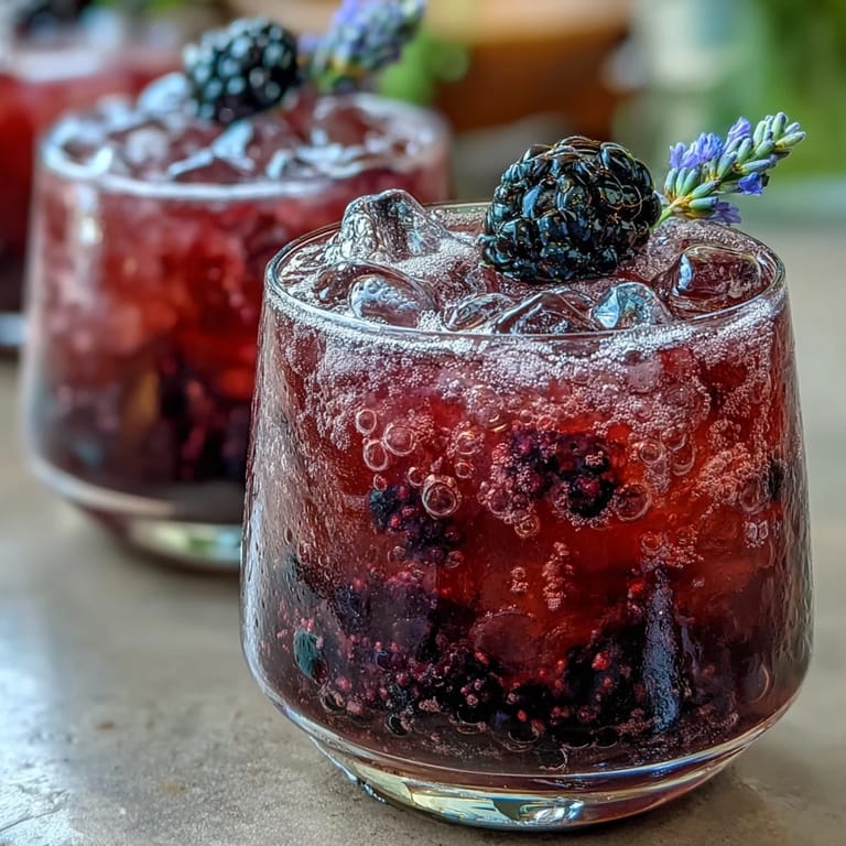 Chilled Blackberry Lavender Lemonade Fizz with fresh berries and ice.