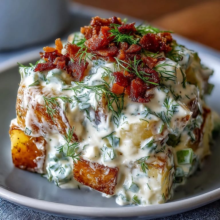 Festive bacon dill potato salad, a tangy side dish perfect for gatherings.