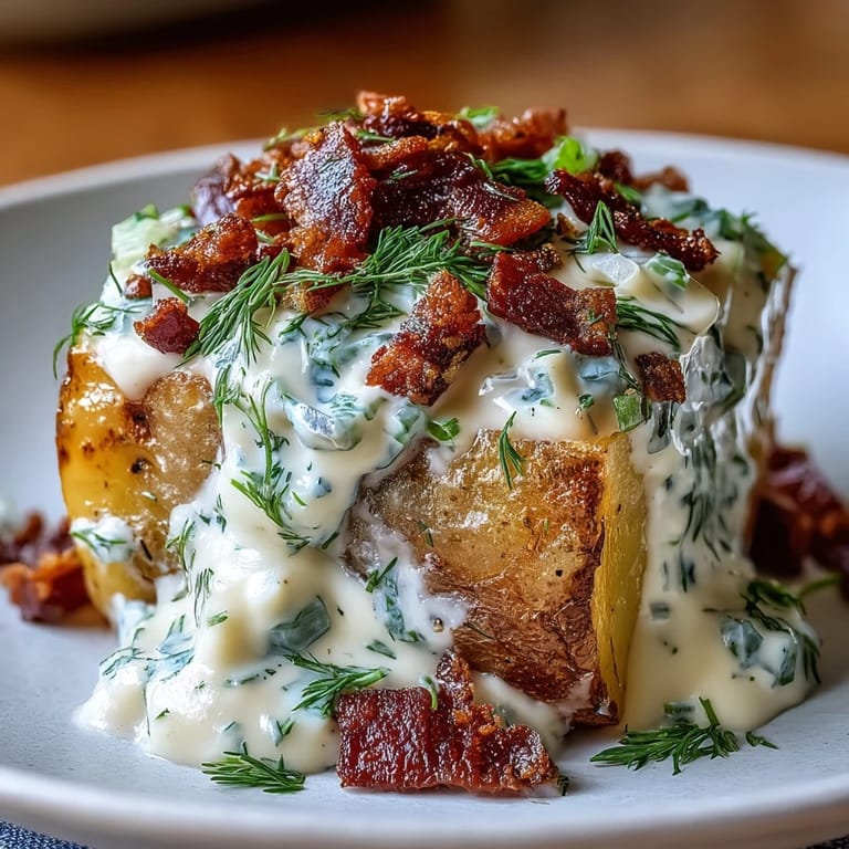 Juicy Memorial Day potato salad, loaded with fresh dill and savory bacon bits.