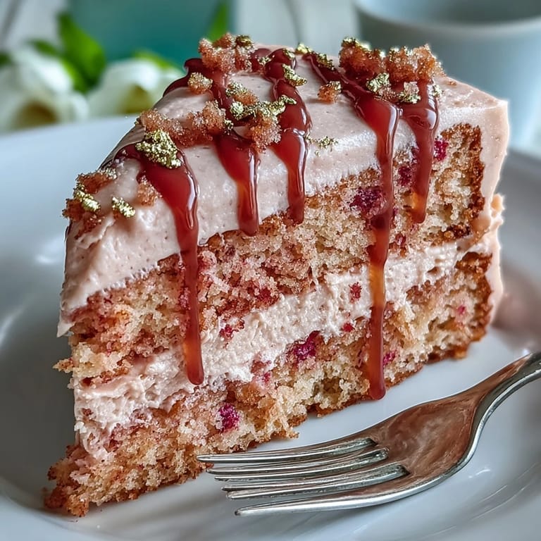Elegant Rosé Velvet Cake, a wedding shower centerpiece with shimmering edible gold.