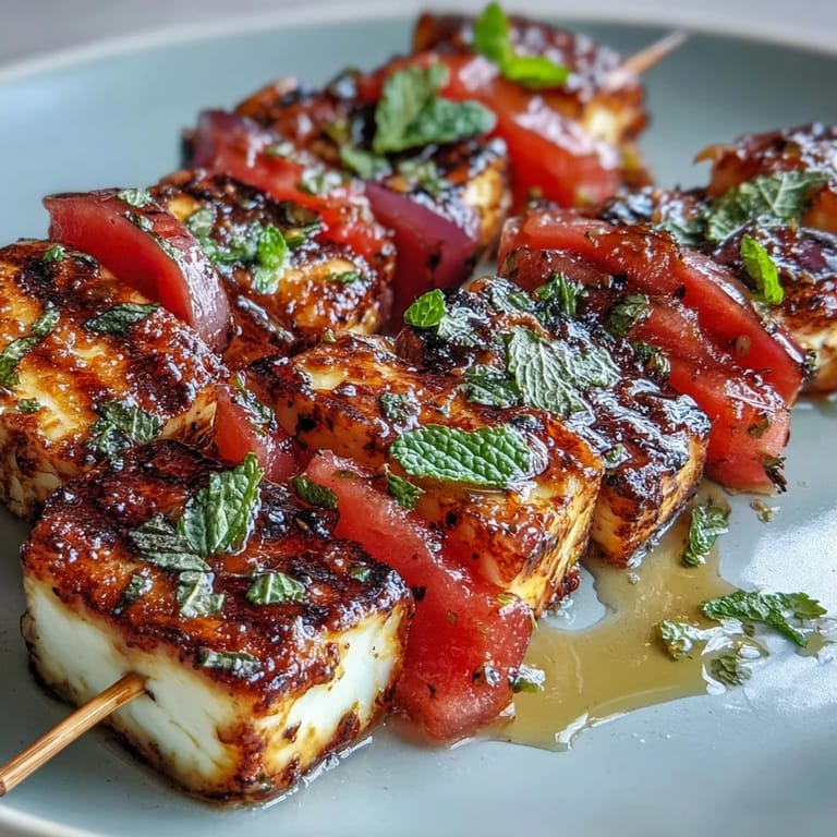 Juicy watermelon beside grilled halloumi skewers with fresh mint garnish.