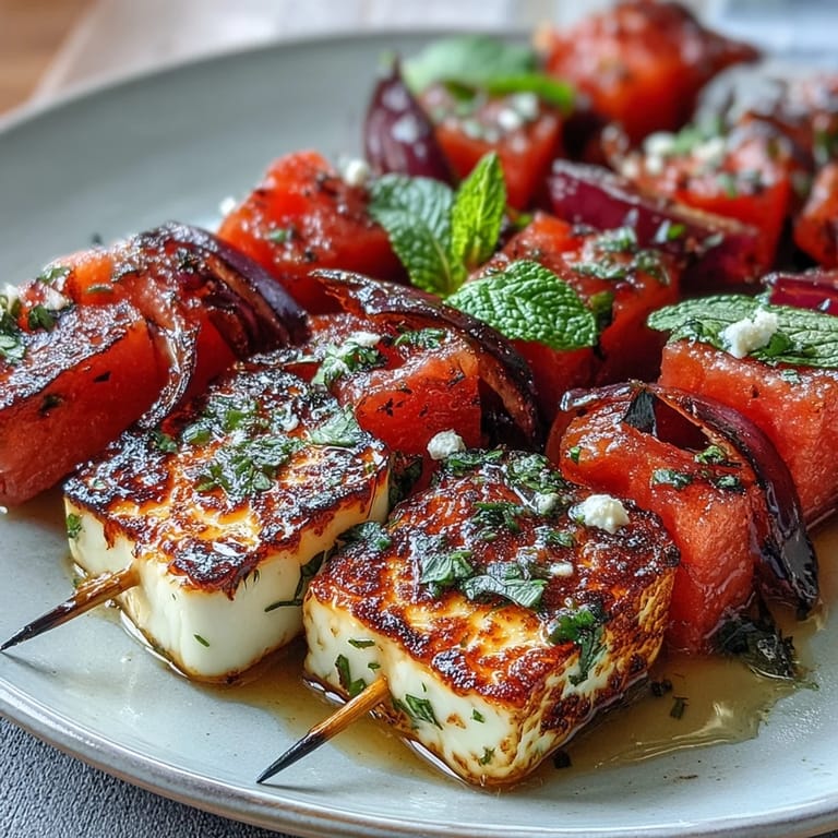 Appetizing halloumi skewers with watermelon and mint, ready for serving.